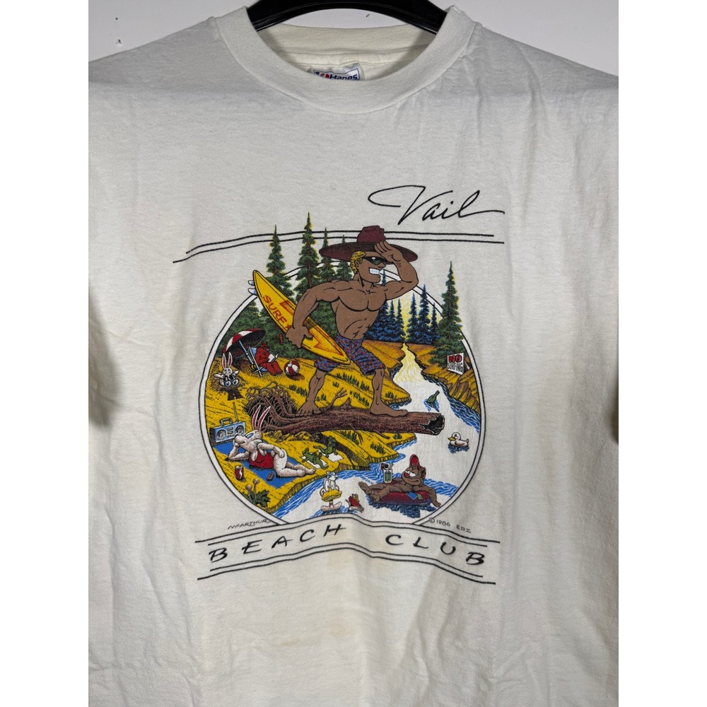 Vintage 1986 Vail Beach Club Hanes Beefy-T Shirt Mens Medium White Single Stitch